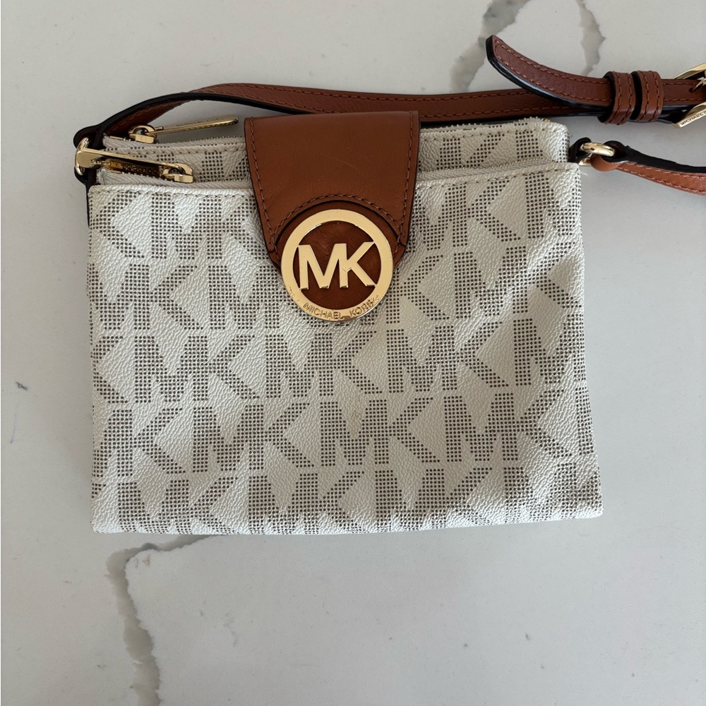Michael Kors White and Brown Monogram Crossbody Bag